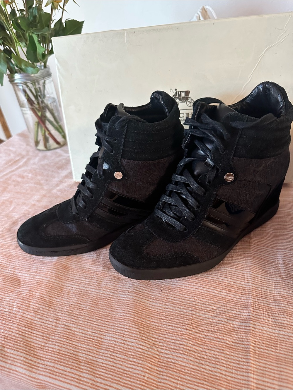 Coach Black Suede & Patent Wedge Sneakers